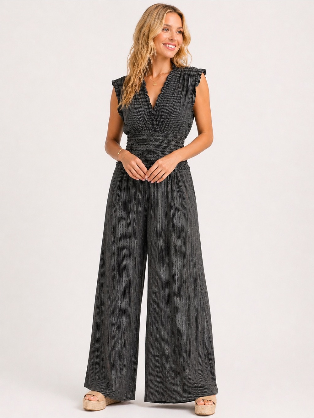MAX STUDIO Smocked Waist Jumpsuit Wide Leg Black Ivory Print Women’s Size XL